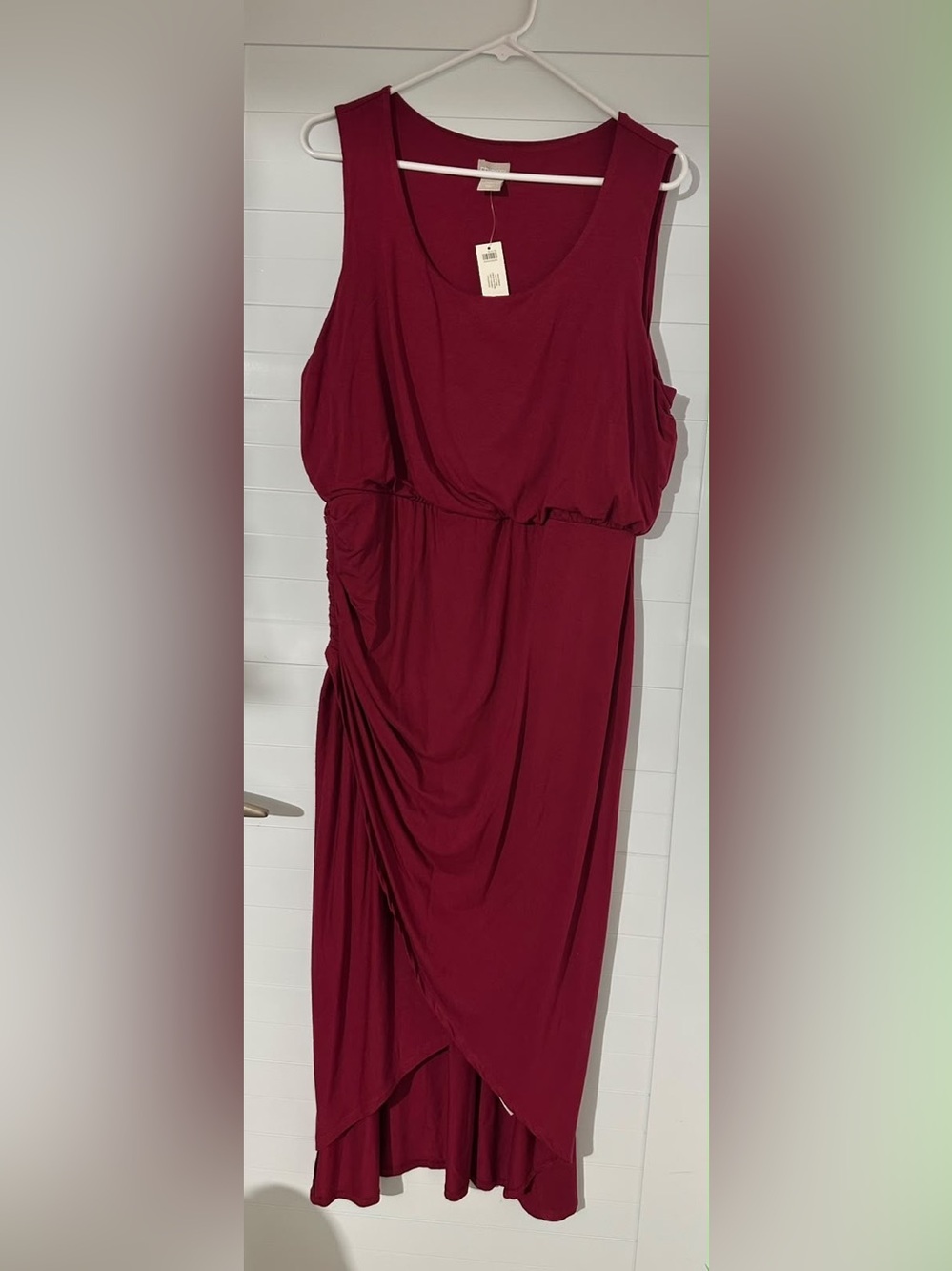 Chico’s Sleeveless Burgundy Maxi Dress with Draped Skirt